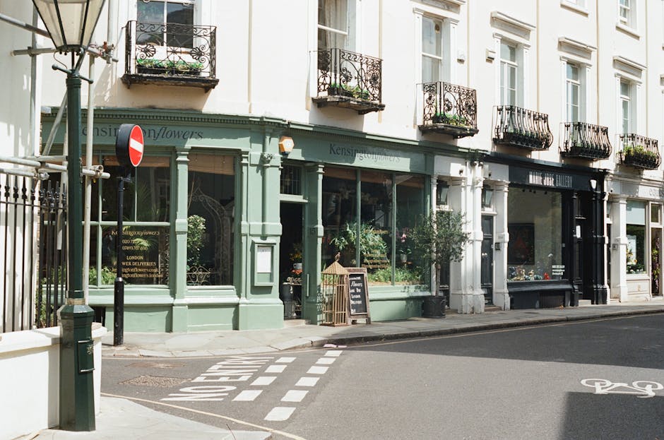 A photograph of a quiet street scene in West Kensington showing a row of three-story buildings with white facades and decorative black wrought-iron balconies on the upper floors. The ground floors feature large display windows, with the leftmost shop having a soft green exterior and signage indicating it is a flower shop. Several potted plants and small trees are placed outside, along with a chalkboard sign on the sidewalk advertising house removal services. The street is paved with asphalt, with a pedestrian crossing marked by dashed white lines and a bicycle lane symbol on the pavement. A black metal fence and a lamppost are visible at the corner, and a no-entry road sign is mounted on a pole near the flower shop. The scene is well-lit with natural sunlight, and the image captures a moment during daytime, depicting a typical setting for residential property moves and home relocation activities in the area, supported by Man with Van West Kensington's moving services.